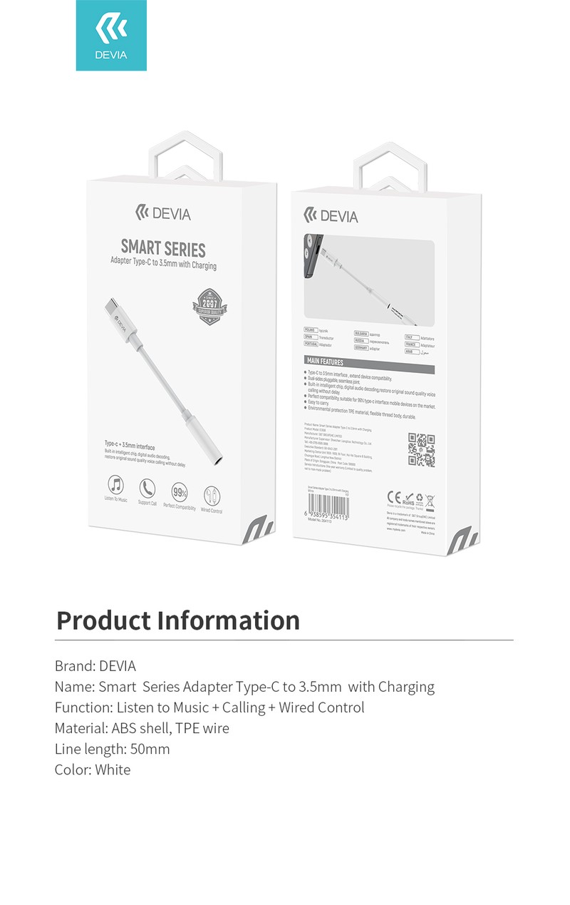 Adaptor Type-C AUX Devia EC608, USB-C tata la Jack 3.5 mm mama, cablu 0.1m, pentru functii audio si incarcare, alb