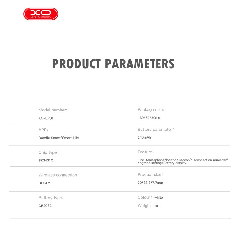 Localizator anti-pierdere, Bluetooth v.4.2, XO LP01, alimentare cu baterie CR2032, dimensiuni 39 x 38.8 x 7.7mm, alb