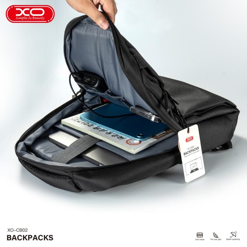 Rucsac laptop XO CB02, 15.6 inch, impermeabil, port USB, dimensiuni 420 x 290 x 115 mm, Negru