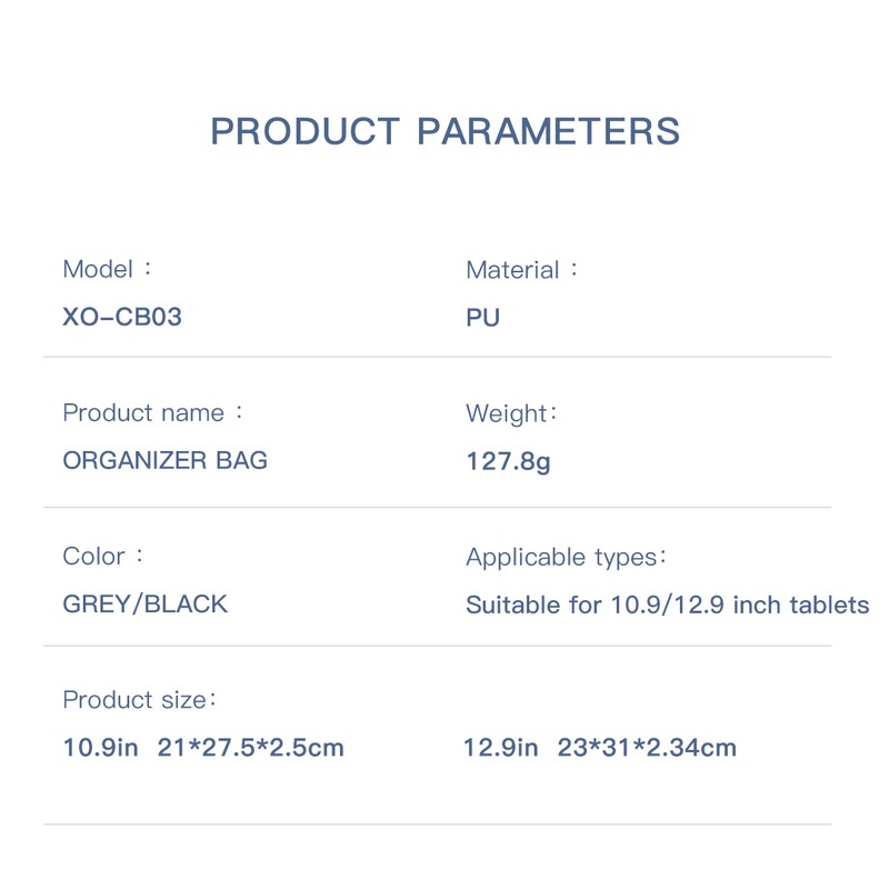 Geanta pentru tableta pana la 10,9 inch, XO CB03, cu compartimente organizare, dimensiuni 27.5 x 21 x 2.5cm, neagra