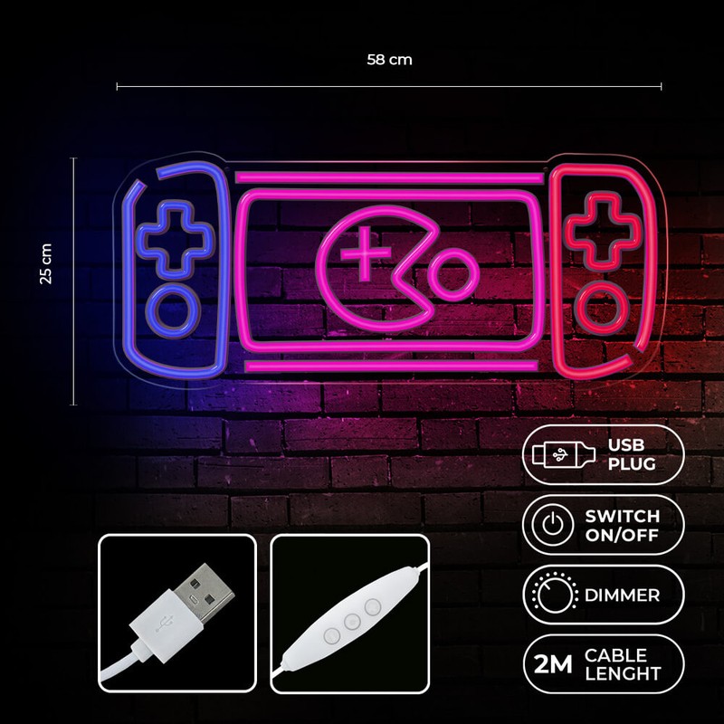 Neon LED pe plexiglas Forever Light, Game Console, dimensiuni 580 x 18 x 250mm, cablu USB cu lungimea 2m, multicolor