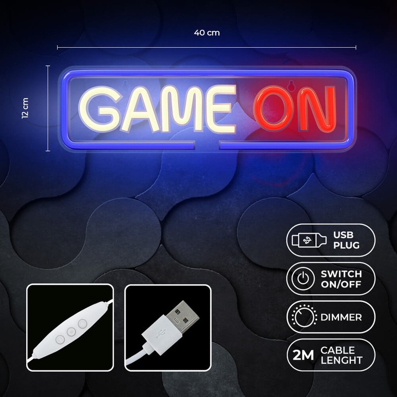 Neon LED pe plexiglas Forever Light, Game On, dimensiuni 400 x 18 x 120mm, cablu USB cu lungimea 2m, multicolor