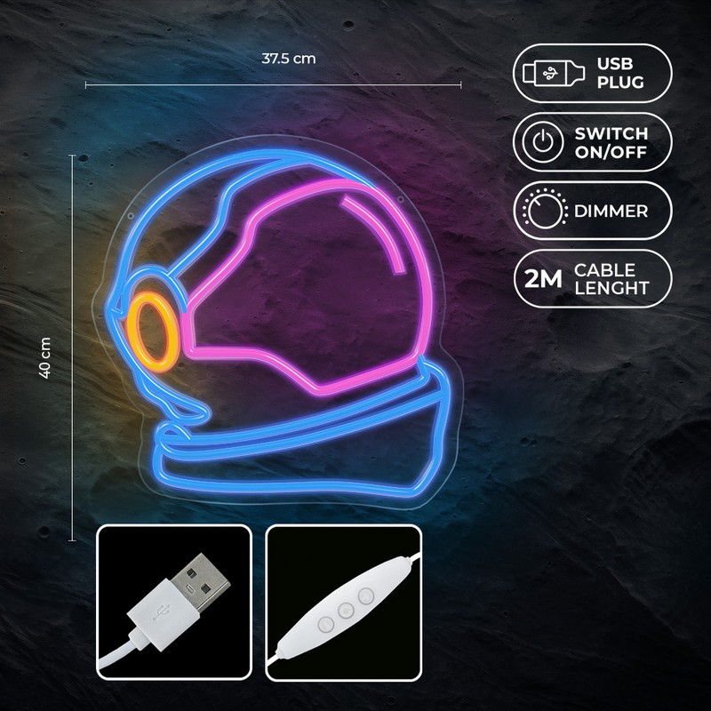 Neon LED pe plexiglas Forever Light, Astronaut, dimensiuni 400 x 18 x 375mm, cablu USB cu lungimea 2m, alimentare USB sau 3xAA, multicolor