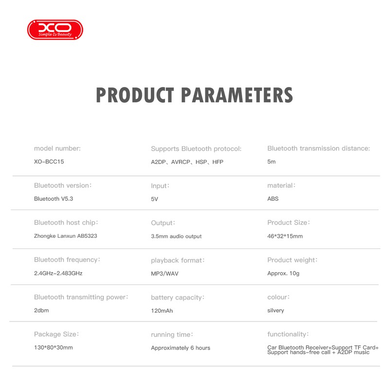 Transmitator FM XO BCC15 Bluetooth MP3 jack 3,5 mm, 3,5 mm (mini-jack), A2DP, AVRCP, HSP, HFP, Negru