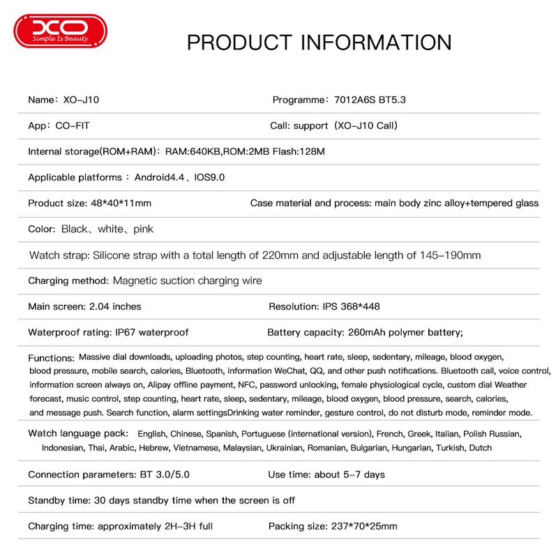 Smartwatch XO J10, AMOLED, negru, IP67, incarcare 2 h, ecran 2,01 inch, Amoled 2,01 inch 240 x 296 pix, bluetooth v.5.3