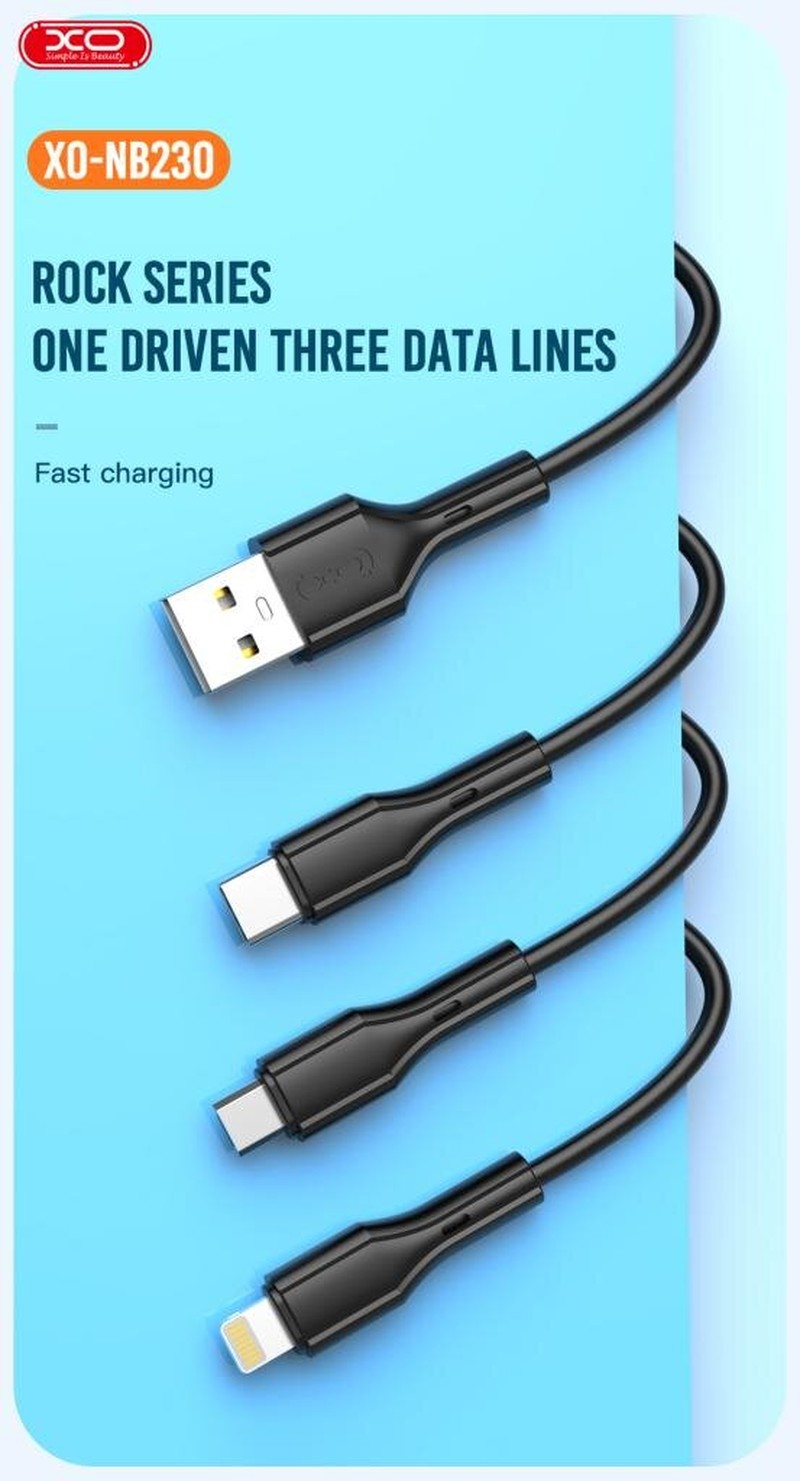 Cablu de date XO NB230 3 in 1, USB-A tata la tip Lightning tata + USB-C tata + microUSB tata, lungime 1 m, 2.4A, in cutie, alb