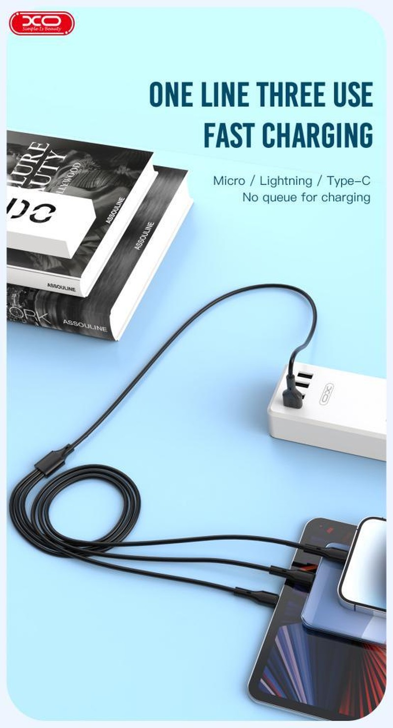Cablu de date XO NB230 3 in 1, USB-A tata la tip Lightning tata + USB-C tata + microUSB tata, lungime 1 m, 2.4A, in cutie, alb
