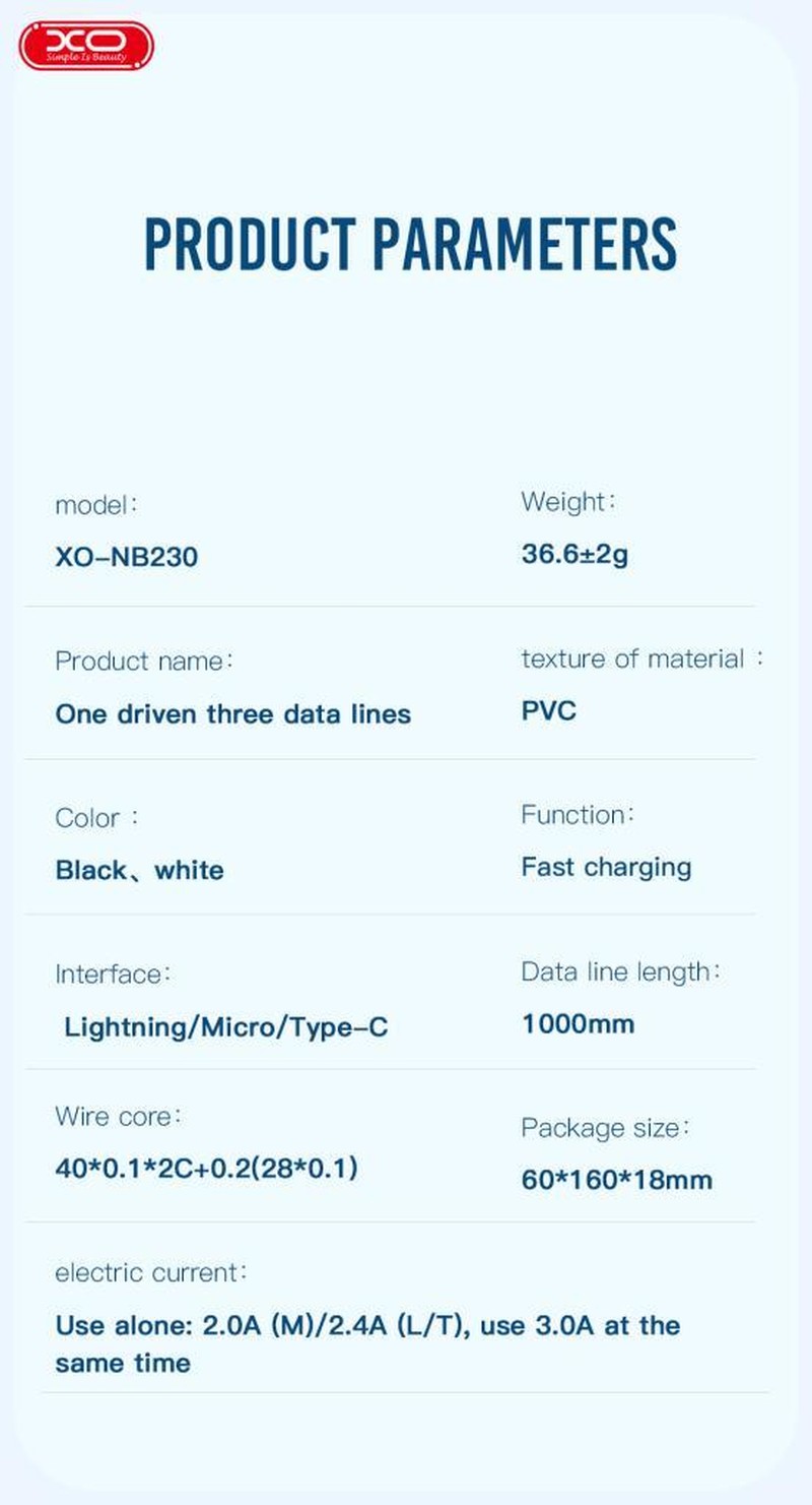 Cablu de date XO NB230 3 in 1, USB-A tata la tip Lightning tata + USB-C tata + microUSB tata, lungime 1 m, 2.4A, in cutie, alb
