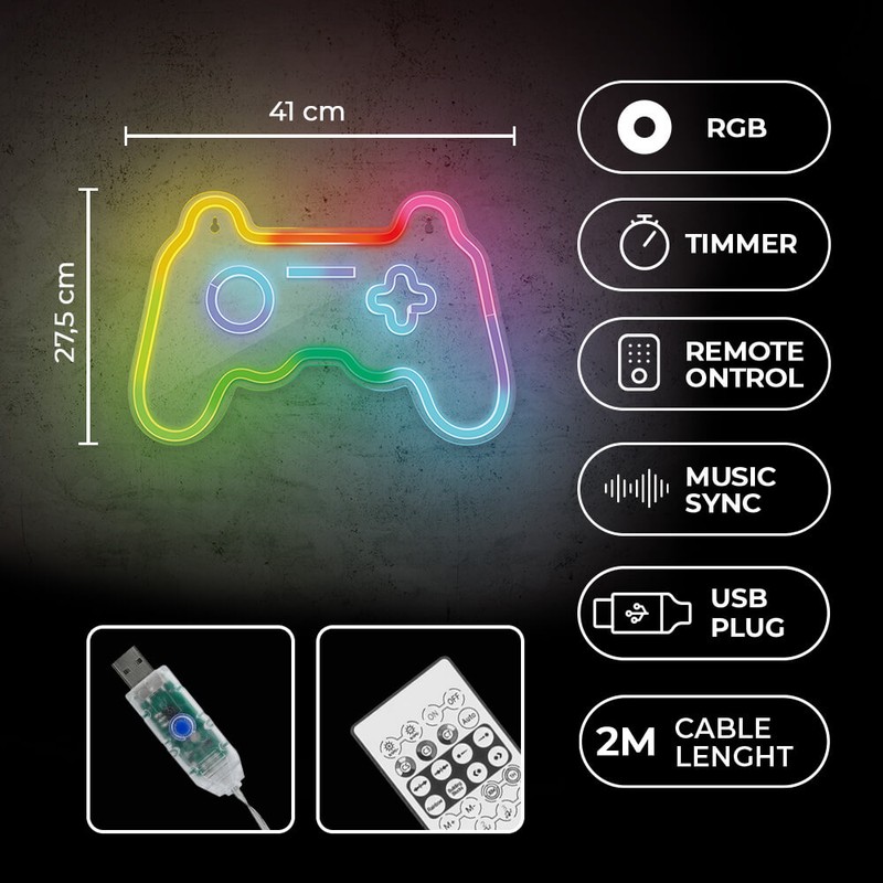 Neon LED RGB Forever Light, Gamepad, dimensiuni 425 x 28 x 285mm, cu telecomanda, cablu USB cu lungime 2m