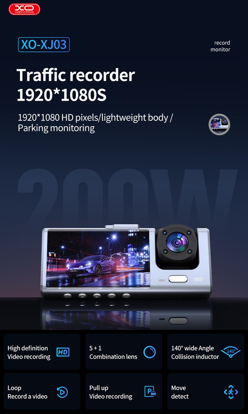 Recorder auto DVR XO car XJ03, echipat cu 3 camere frontala, interioara si spate, inregistrare FullHD, 200 mAh, unghi de vizualizare 140°, cu filtre pentru filmare nocturna, Negru