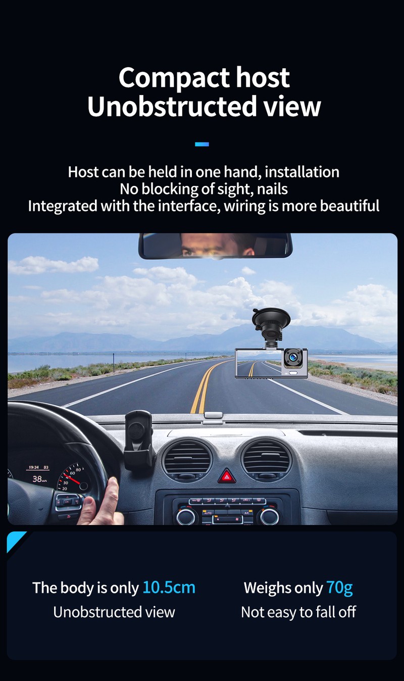 Recorder auto DVR XO car XJ03, echipat cu 3 camere frontala, interioara si spate, inregistrare FullHD, 200 mAh, unghi de vizualizare 140°, cu filtre pentru filmare nocturna, Negru