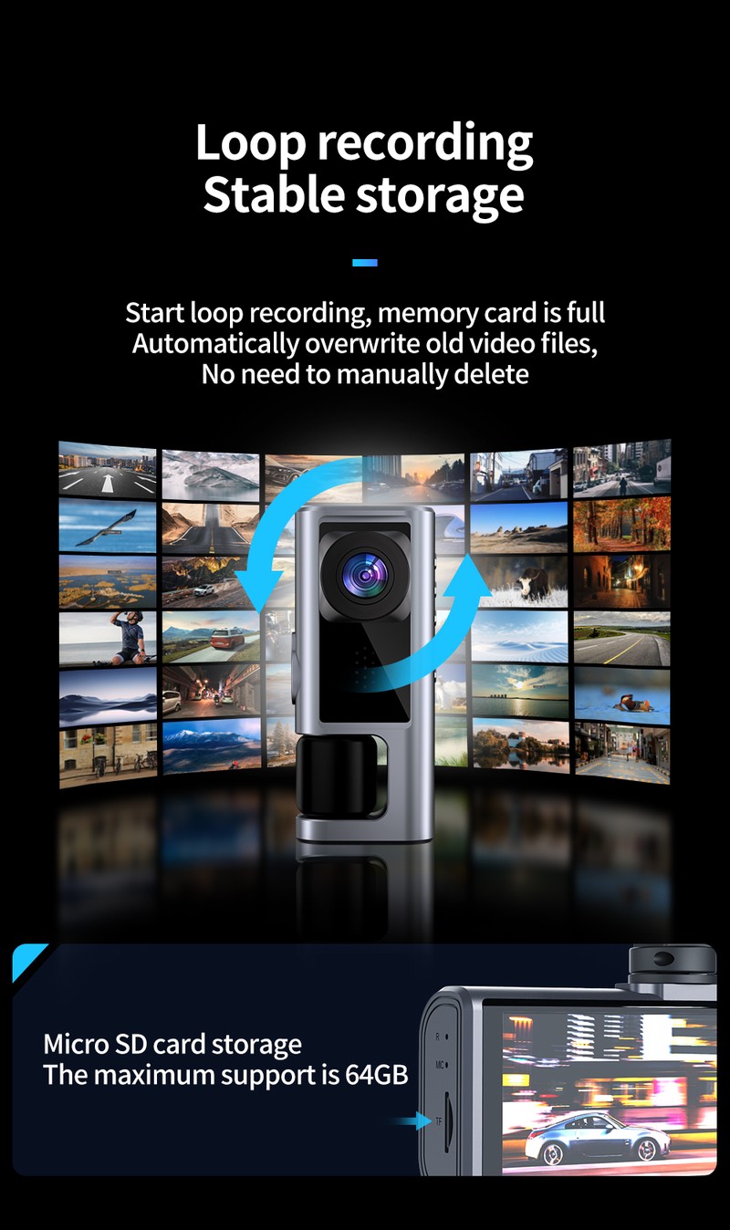 Recorder auto DVR XO car XJ03, echipat cu 3 camere frontala, interioara si spate, inregistrare FullHD, 200 mAh, unghi de vizualizare 140°, cu filtre pentru filmare nocturna, Negru