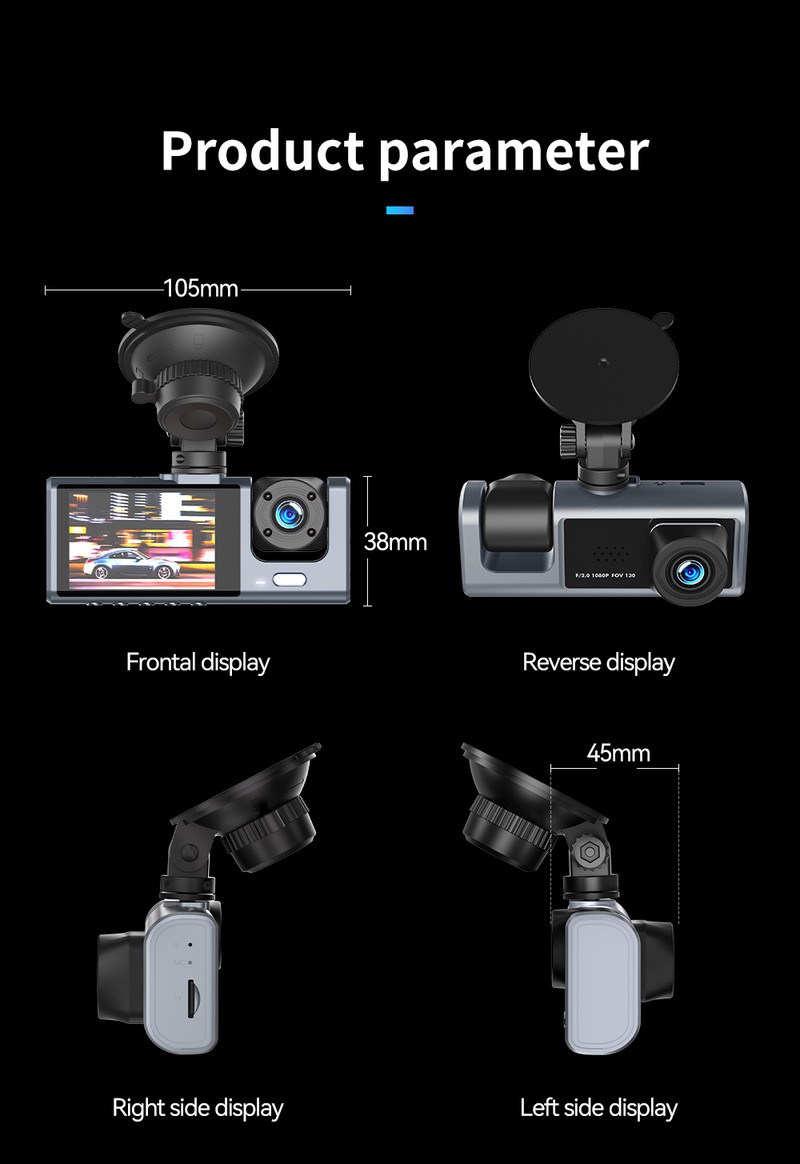 Recorder auto DVR XO car XJ03, echipat cu 3 camere frontala, interioara si spate, inregistrare FullHD, 200 mAh, unghi de vizualizare 140°, cu filtre pentru filmare nocturna, Negru