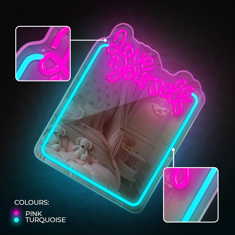 Neon LED cu oglinda Forever Light, Love Yourself, dimensiuni 345 x 18 x 440mm, turcoaz roz, cablu USB cu lungime 2m