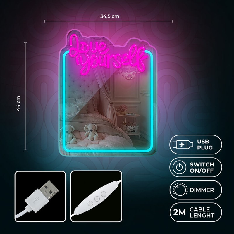 Neon LED cu oglinda Forever Light, Love Yourself, dimensiuni 345 x 18 x 440mm, turcoaz roz, cablu USB cu lungime 2m