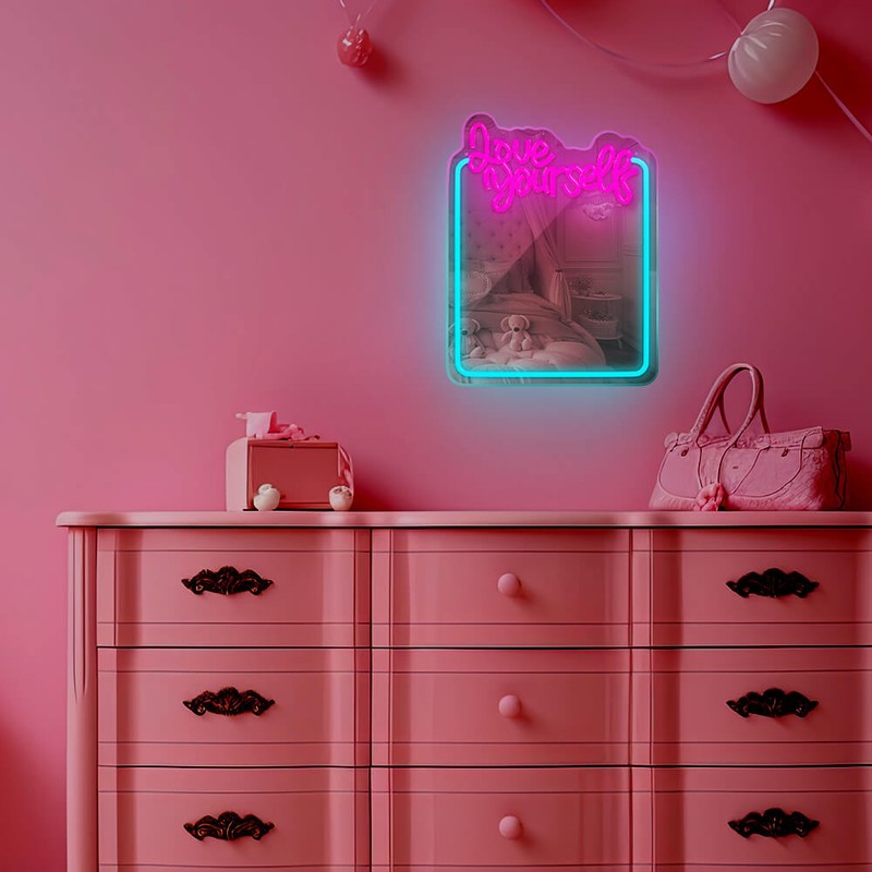 Neon LED cu oglinda Forever Light, Love Yourself, dimensiuni 345 x 18 x 440mm, turcoaz roz, cablu USB cu lungime 2m