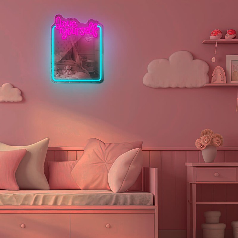 Neon LED cu oglinda Forever Light, Love Yourself, dimensiuni 345 x 18 x 440mm, turcoaz roz, cablu USB cu lungime 2m
