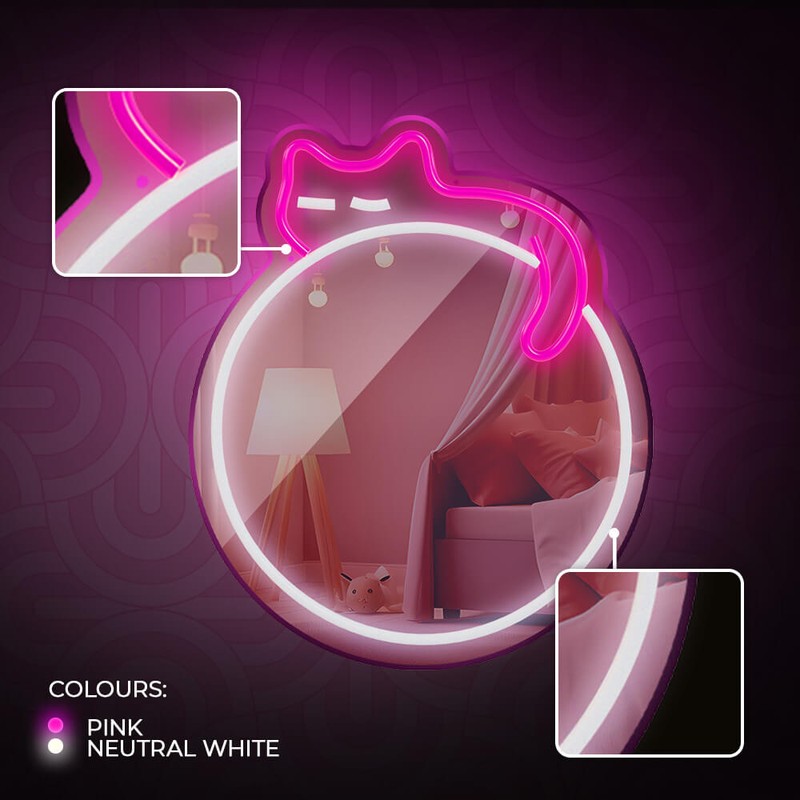 Neon LED cu oglinda Forever Light, Sleeping Cat, dimensiuni 320 x 18 x 400mm, alb roz, cablu USB cu lungime 2m
