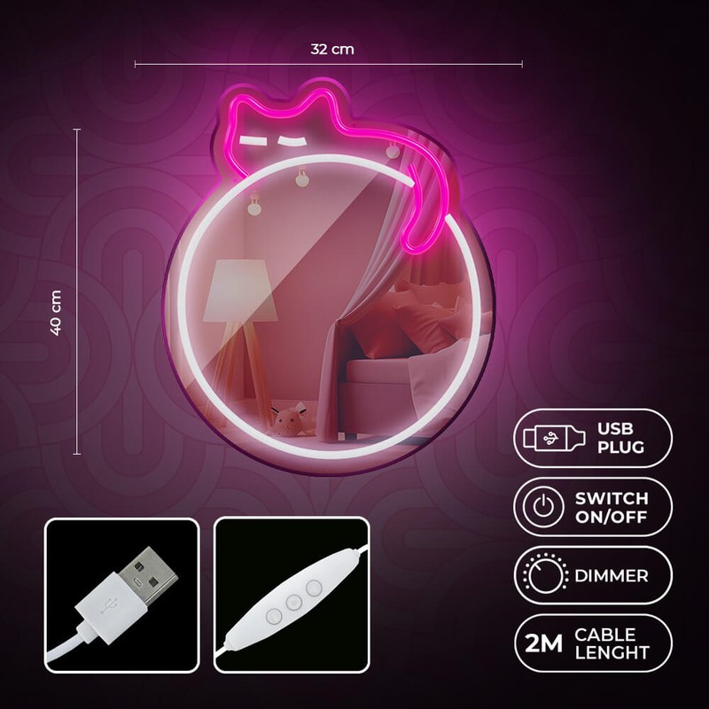 Neon LED cu oglinda Forever Light, Sleeping Cat, dimensiuni 320 x 18 x 400mm, alb roz, cablu USB cu lungime 2m