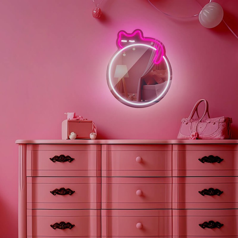 Neon LED cu oglinda Forever Light, Sleeping Cat, dimensiuni 320 x 18 x 400mm, alb roz, cablu USB cu lungime 2m