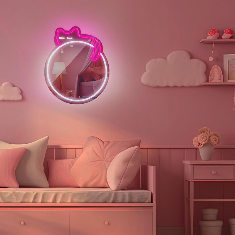 Neon LED cu oglinda Forever Light, Sleeping Cat, dimensiuni 320 x 18 x 400mm, alb roz, cablu USB cu lungime 2m