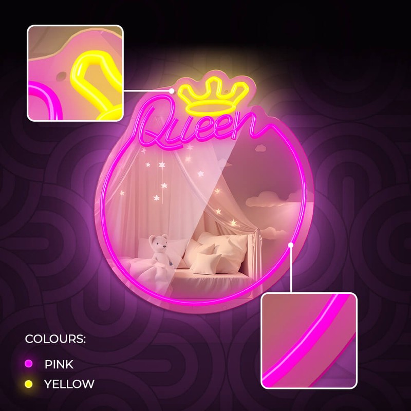 Neon LED cu oglinda Forever Light, Queen, dimensiuni 320 x 18 x 360mm, alb roz, cablu USB cu lungime 2m