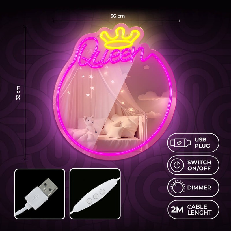 Neon LED cu oglinda Forever Light, Queen, dimensiuni 320 x 18 x 360mm, alb roz, cablu USB cu lungime 2m