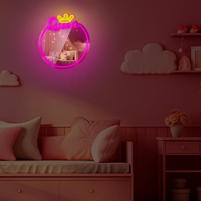 Neon LED cu oglinda Forever Light, Queen, dimensiuni 320 x 18 x 360mm, alb roz, cablu USB cu lungime 2m
