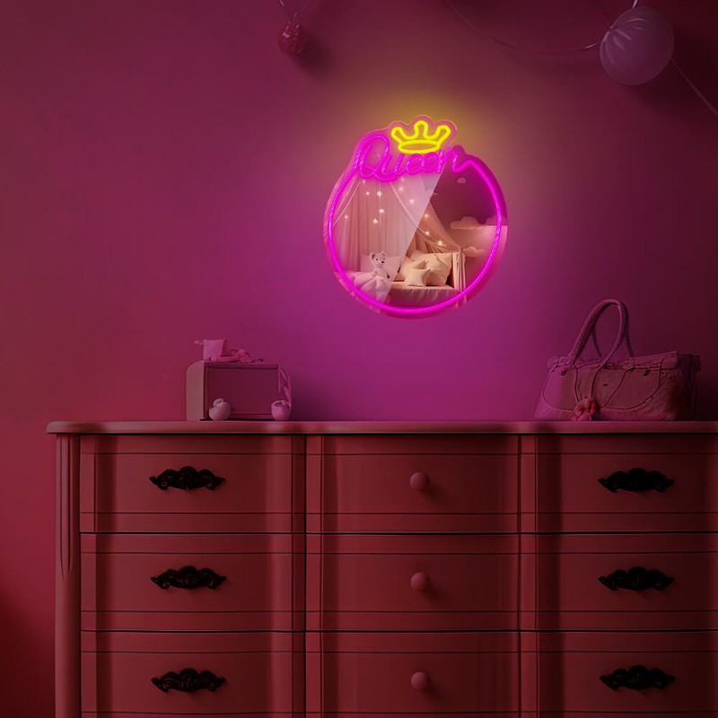 Neon LED cu oglinda Forever Light, Queen, dimensiuni 320 x 18 x 360mm, alb roz, cablu USB cu lungime 2m