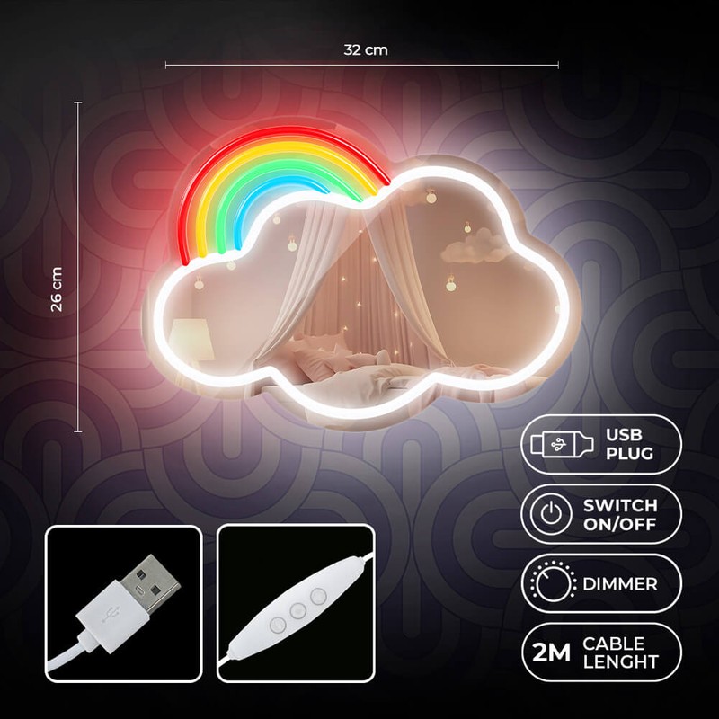 Neon LED cu oglinda Forever Light, Cloud, dimensiuni 400 x 18 x 385mm, cablu USB cu lungime 2m, multicolor