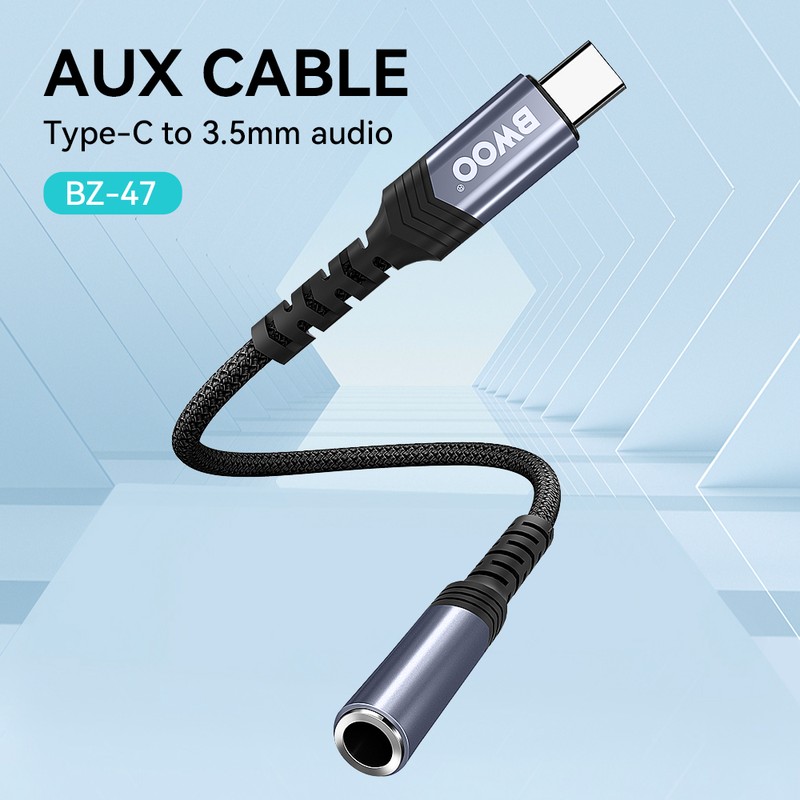 Adaptor Type-C AUX BZ47, USB-C tata la Jack 3.5 mm mama, cablu 0.17m cu invelis exterior impletit si capetele intarite ranfosate pentru rezistenta, carcasa conectorilor realizat din aliaj de aluminiu pentru durabilitate, negru