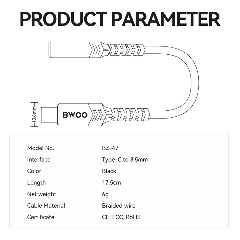 Adaptor Type-C AUX BZ47, USB-C tata la Jack 3.5 mm mama, cablu 0.17m cu invelis exterior impletit si capetele intarite ranfosate pentru rezistenta, carcasa conectorilor realizat din aliaj de aluminiu pentru durabilitate, negru