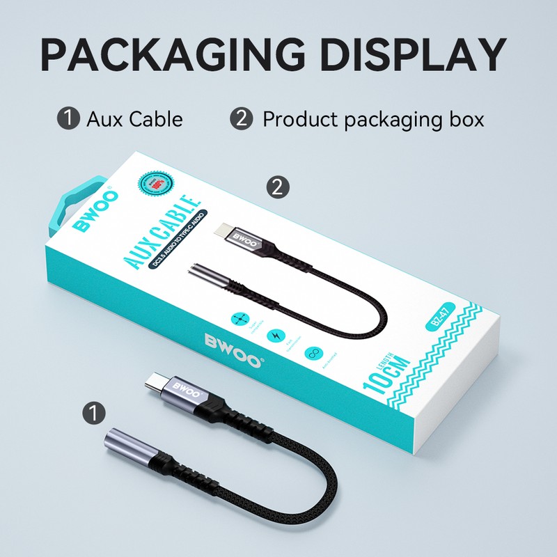 Adaptor Type-C AUX BZ47, USB-C tata la Jack 3.5 mm mama, cablu 0.17m cu invelis exterior impletit si capetele intarite ranfosate pentru rezistenta, carcasa conectorilor realizat din aliaj de aluminiu pentru durabilitate, negru