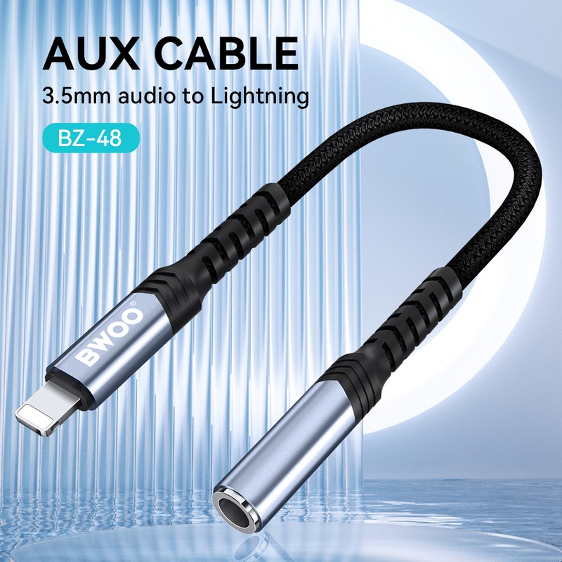 Adaptor tip Lightning AUX BZ48, conector tip Lightning la Jack 3.5 mm mama, cablu 0.18m cu invelis exterior impletit si capetele intarite ranfosate pentru rezistenta, carcasa conectorilor realizat din aliaj de aluminiu pentru durabilitate, negru