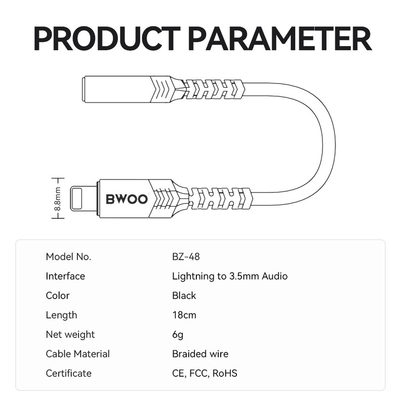Adaptor tip Lightning AUX BZ48, conector tip Lightning la Jack 3.5 mm mama, cablu 0.18m cu invelis exterior impletit si capetele intarite ranfosate pentru rezistenta, carcasa conectorilor realizat din aliaj de aluminiu pentru durabilitate, negru