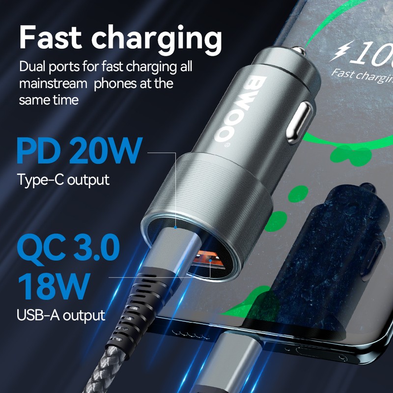 Incarcator auto BWOO BO-CC73, PD 38 W, 1x USB-C, argintiu