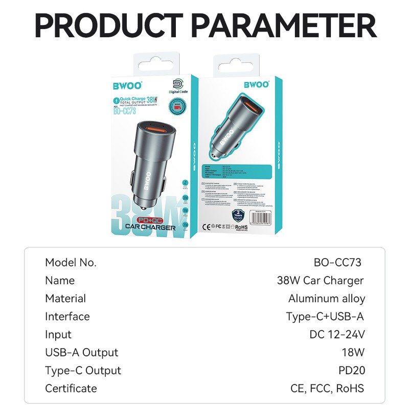 Incarcator auto BWOO BO-CC73, PD 38 W, 1x USB-C, argintiu