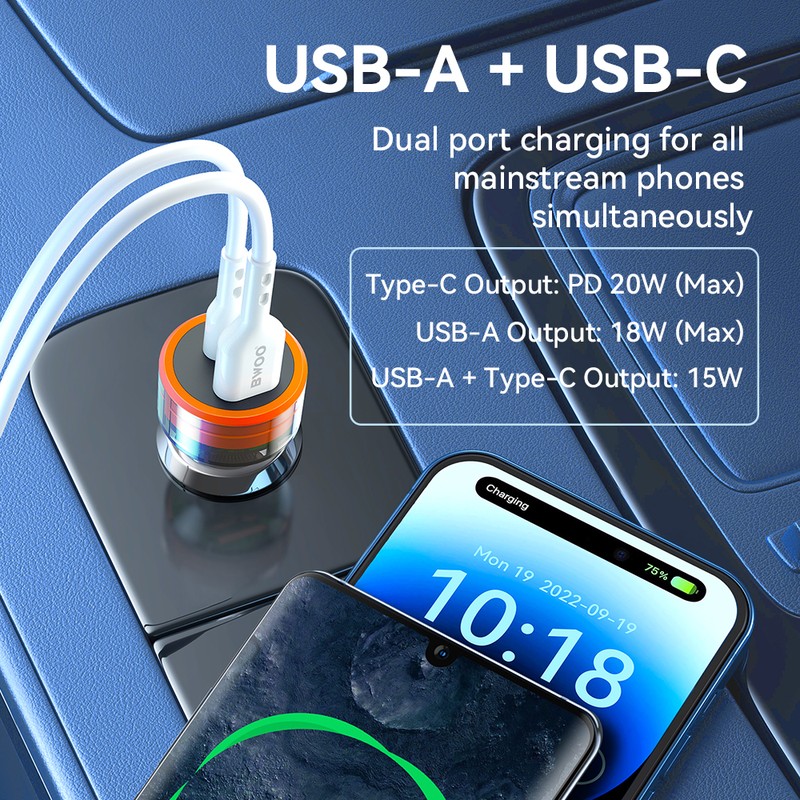Incarcator auto BWOO, PD 38 W, 1x USB-C, transparent