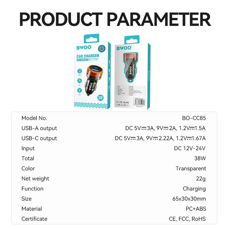 Incarcator auto BWOO, PD 38 W, 1x USB-C, transparent