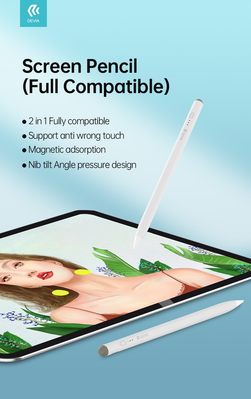 Stylus Devia SIT2205 2in1, pentru ecrane capacitive si ecrane iPad, acumulator 130 mAh, USB-C, marime L 167 x 9.5mm, invelis din aliaj de aluminiu, suport magnetic, alb