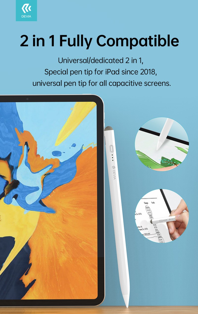 Stylus Devia SIT2205 2in1, pentru ecrane capacitive si ecrane iPad, acumulator 130 mAh, USB-C, marime L 167 x 9.5mm, invelis din aliaj de aluminiu, suport magnetic, alb