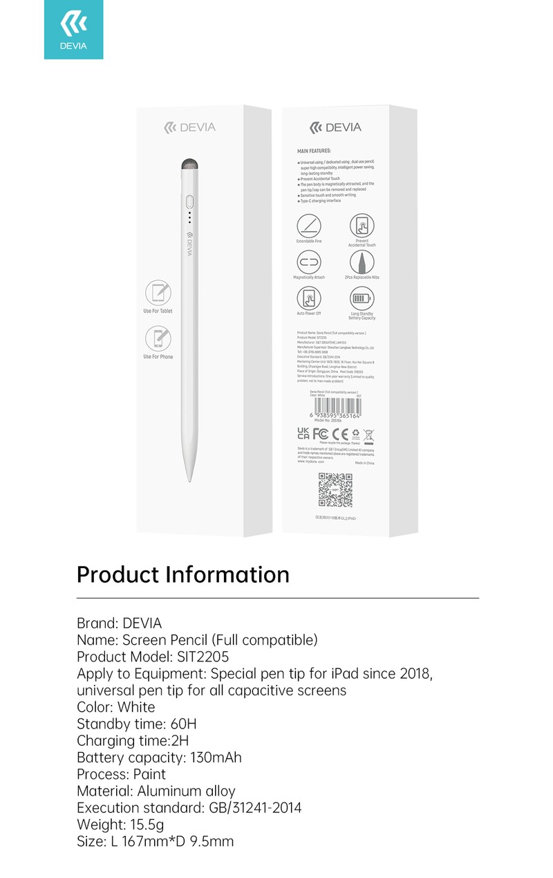 Stylus Devia SIT2205 2in1, pentru ecrane capacitive si ecrane iPad, acumulator 130 mAh, USB-C, marime L 167 x 9.5mm, invelis din aliaj de aluminiu, suport magnetic, alb