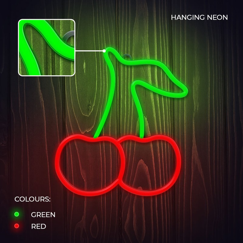 Neon LED Neolia, Cherry, dimensiuni 225 x 190 x 20 mm, verde rosu, cablu cu lungime 2m, alimentare USB sau 3xAA