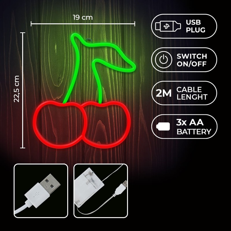 Neon LED Neolia, Cherry, dimensiuni 225 x 190 x 20 mm, verde rosu, cablu cu lungime 2m, alimentare USB sau 3xAA