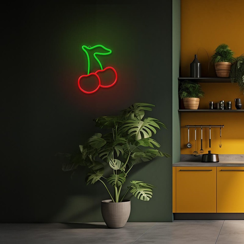 Neon LED Neolia, Cherry, dimensiuni 225 x 190 x 20 mm, verde rosu, cablu cu lungime 2m, alimentare USB sau 3xAA