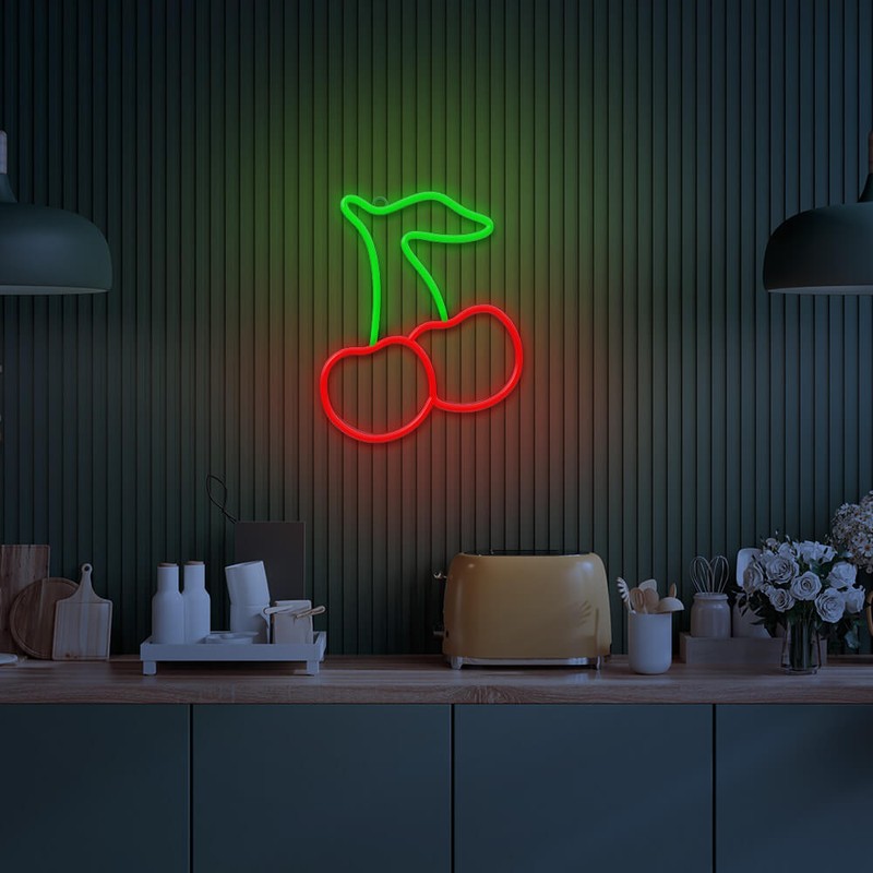 Neon LED Neolia, Cherry, dimensiuni 225 x 190 x 20 mm, verde rosu, cablu cu lungime 2m, alimentare USB sau 3xAA