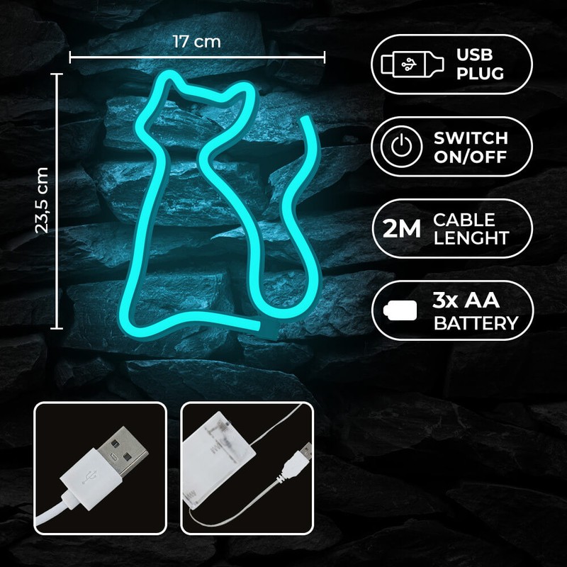 Neon LED Neolia, Cat, turcoaz, dimensiuni 20 x 170 x 235mm, cablu USB cu lungime 2m, alimentare USB sau 3xAA