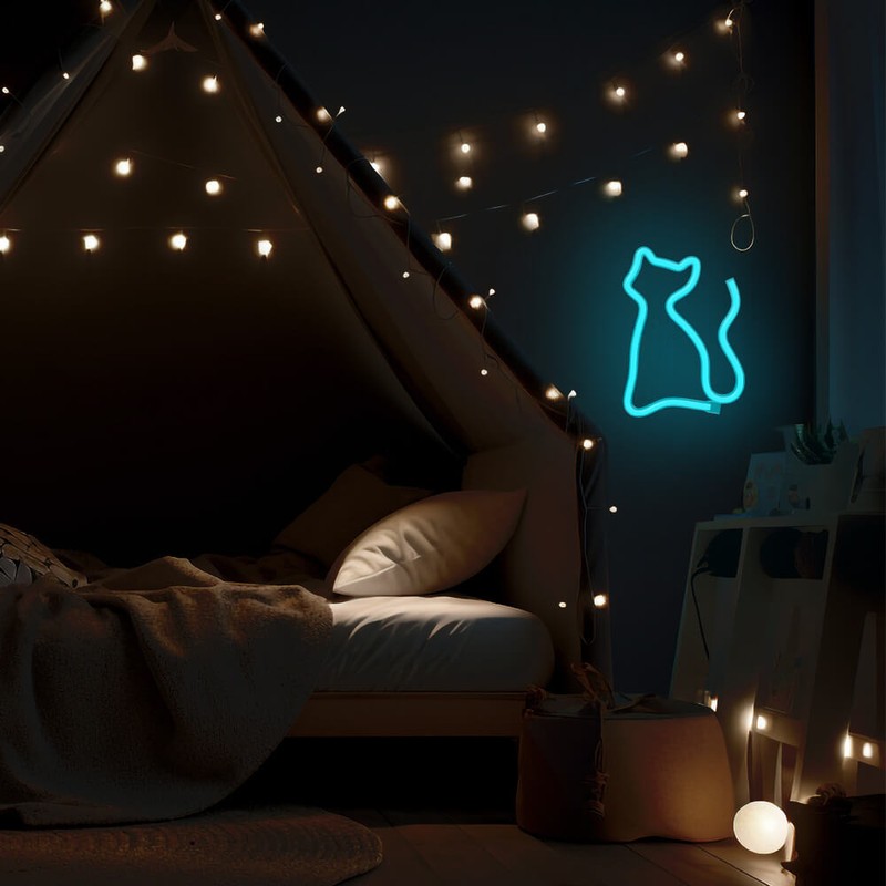 Neon LED Neolia, Cat, turcoaz, dimensiuni 20 x 170 x 235mm, cablu USB cu lungime 2m, alimentare USB sau 3xAA