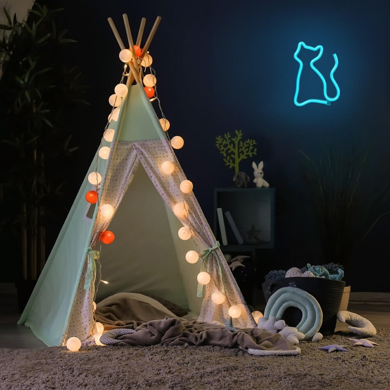Neon LED Neolia, Cat, turcoaz, dimensiuni 20 x 170 x 235mm, cablu USB cu lungime 2m, alimentare USB sau 3xAA