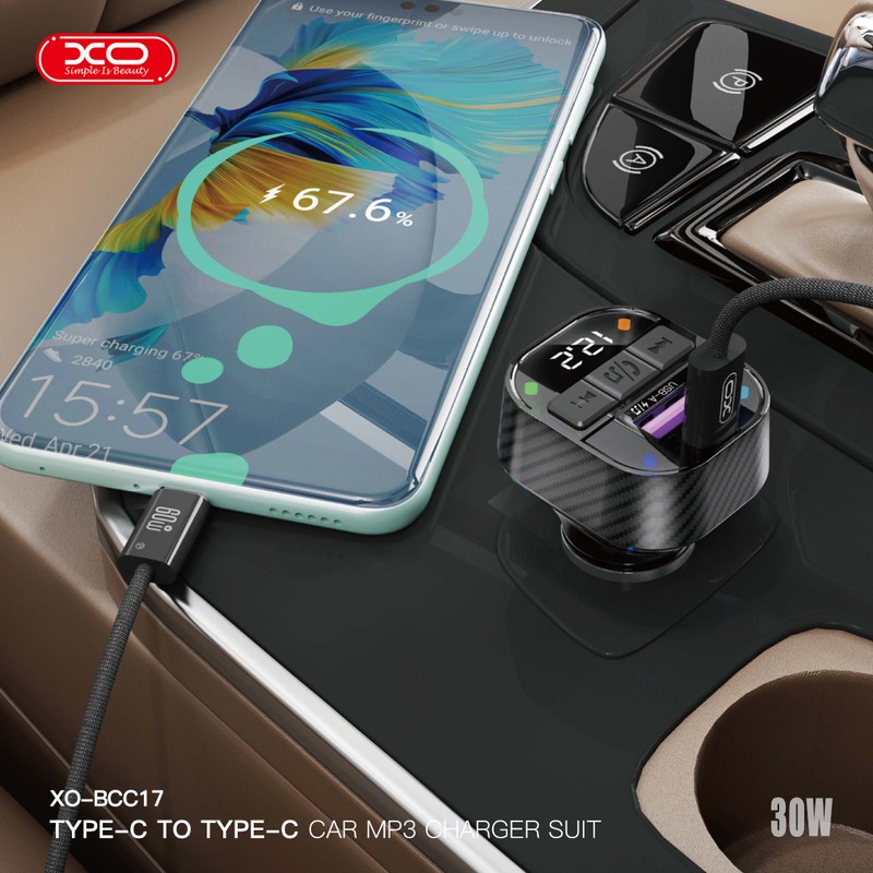 Transmitator FM XO BCC17 Bluetooth MP3 incarcator auto 30W, USB tip A, USB-C, 3 A, Negru